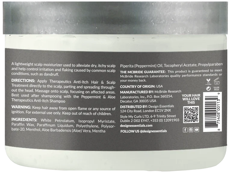 Back label of Design Essentials Peppermint and Aloe Scalp Care Treatment 5 oz